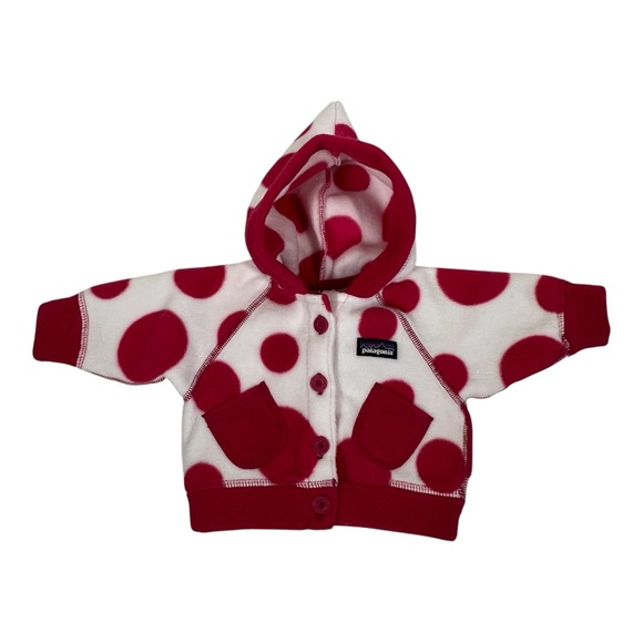 Patagonia Baby Fleece Jacket 0 Months White Pink Polka Dots Hooded - Picture 1 of 11